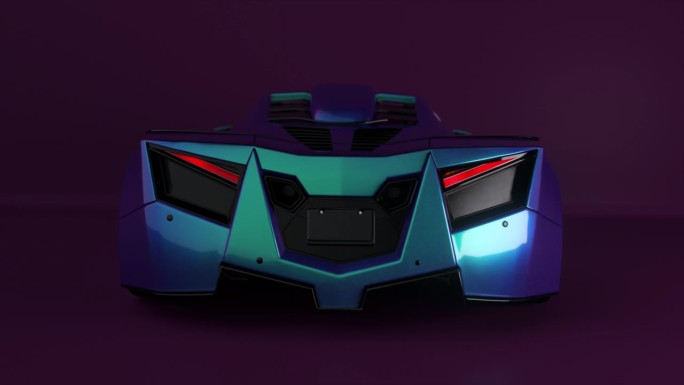 3D动画中带有明亮霓虹灯刹车灯的未来跑车，展示了优雅的设计和动态照明。