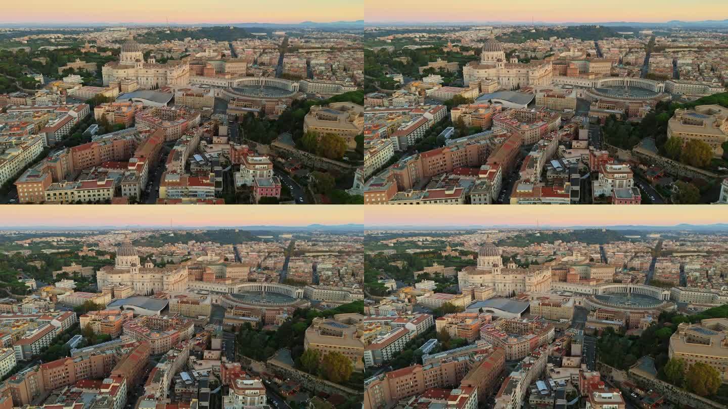 清晨的罗马天际线城市景观。UHD 4 k。意大利罗马梵蒂冈城的圣彼得大教堂鸟瞰图