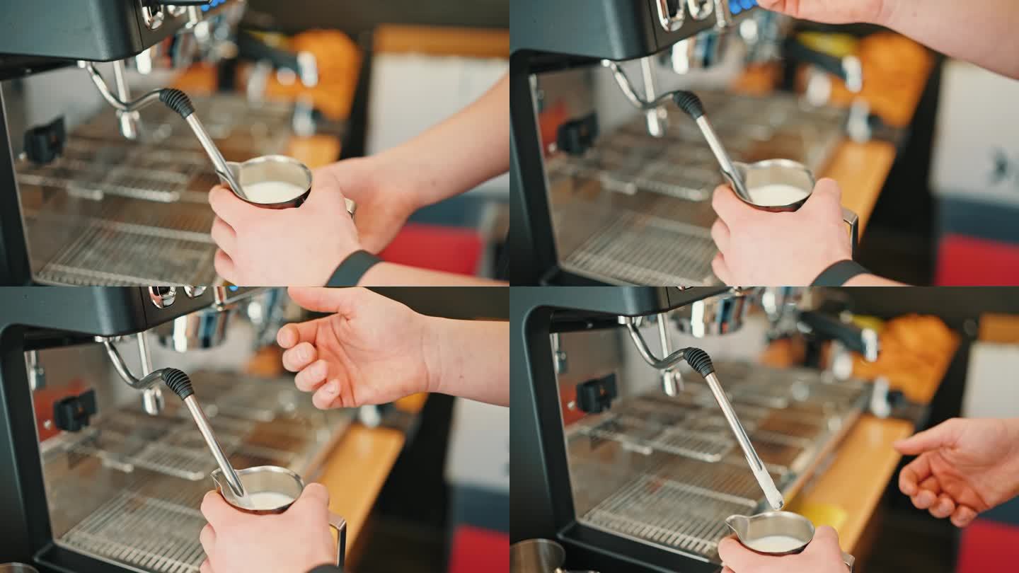 快餐车老板使用浓缩咖啡机的蒸汽喷嘴来为卡布奇诺咖啡泡沫牛奶的特写