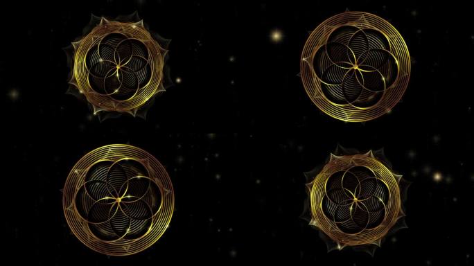 视频动画金色闪亮的生命之花在运动中。金莲神圣几何在移动的星系，星空的背景。电视节目，介绍，电影，舞台