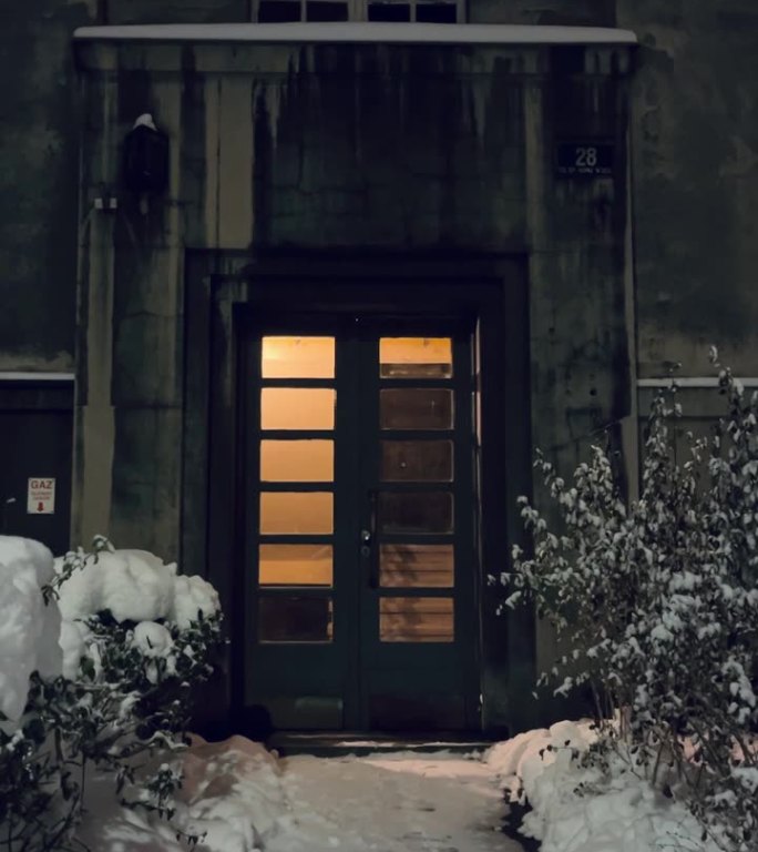 公寓大门，雪花飘飘