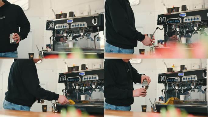 SLO MO年轻男餐车老板为顾客准备起泡牛奶并倒入咖啡杯