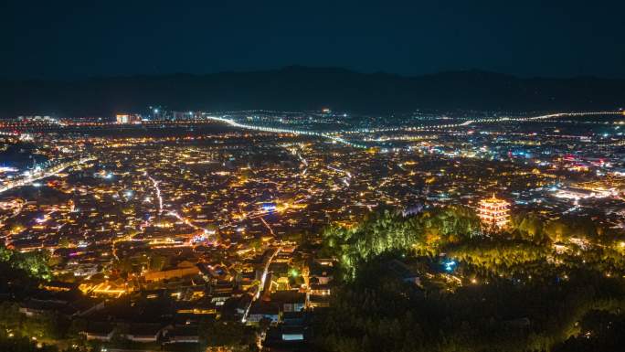 云南丽江古城狮子山万古楼夜景航拍