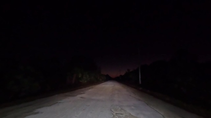 慢车行驶时的夜景，避开森林中废弃道路上的坑洼