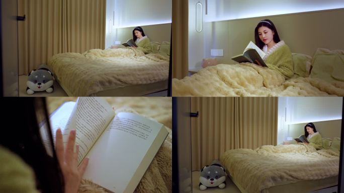 长发美女床上看书 被窝里看书 看茶书