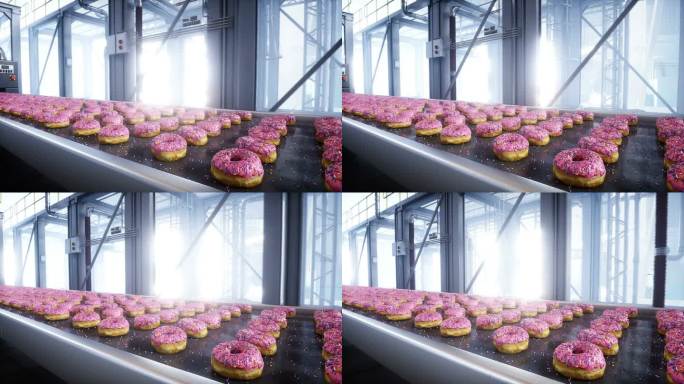 甜甜圈生产线。工厂。食品的概念。逼真的4k动画。