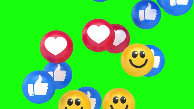 无缝循环。社交媒体现场风格动画图标在白色背景。爱的心，微笑的脸和竖起大拇指的象征。生活流。包括绿屏色