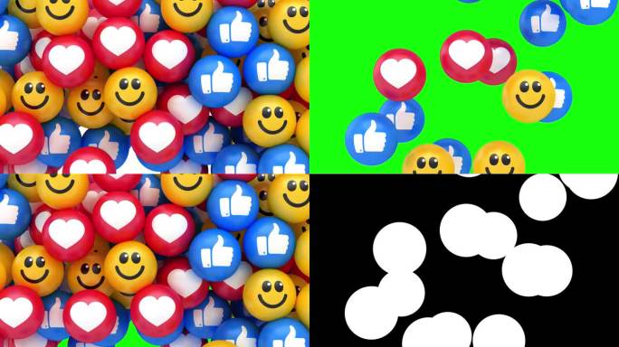 无缝循环。社交媒体现场风格动画图标在白色背景。爱的心，微笑的脸和竖起大拇指的象征。生活流。包括绿屏色