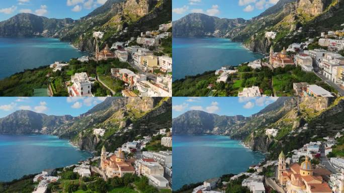普拉亚诺村，阿马尔菲海岸，意大利。从空中无人机看到普拉亚诺美丽的小镇——教堂和房子在绿色、山脉和大海