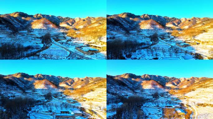 东北农村早晨雪景航拍   倒退镜头