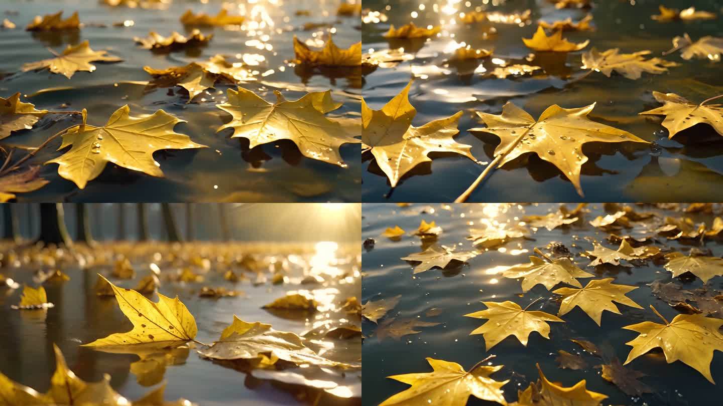 秋天飘在水面上的金黄色落叶