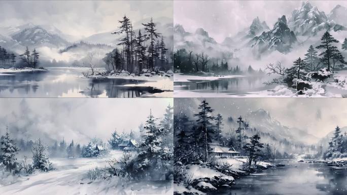水墨风格描绘冬天景色