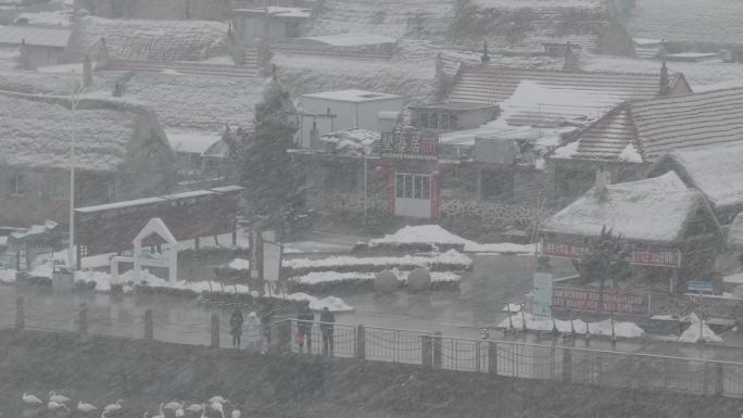 航拍山东荣成俚岛烟墩角村海草房冬季雪景