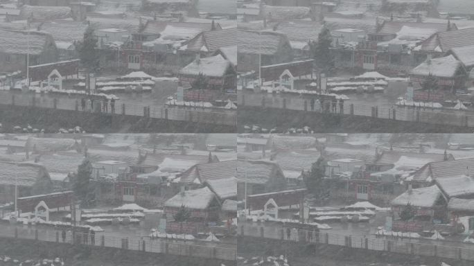 航拍山东荣成俚岛烟墩角村海草房冬季雪景