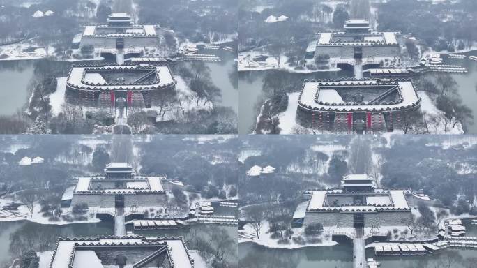 航拍瘦西湖景区园林大明寺观音山宋夹城雪景