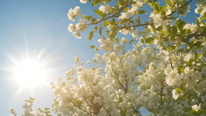 春天阳光下美丽的白色樱花