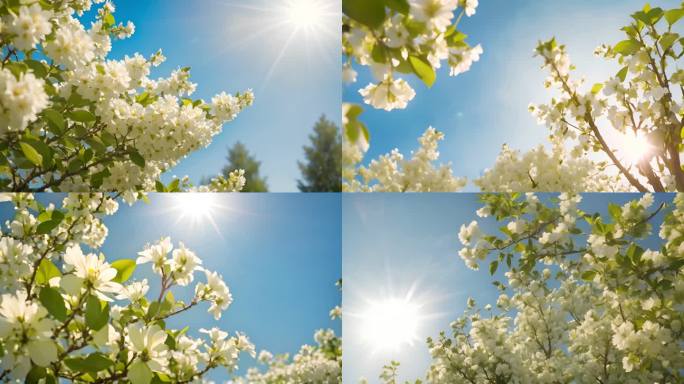 春天阳光下美丽的白色樱花