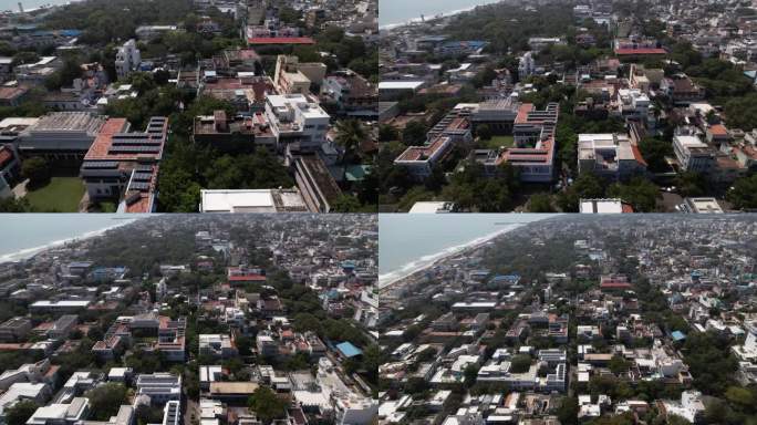 以本地治里为基础的精神社区鸟瞰图，室利阿罗宾多道场和阿纳库拉维那雅格寺。邻近的海滩和城市住宅都安装了