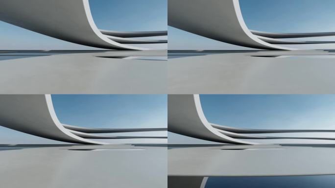 三维渲染抽象的波浪未来主义建筑与混凝土地板。