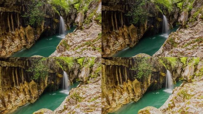 运动控制时间流逝瀑布在崎岖的岩石和绿松石池。斯洛文尼亚的索卡河。