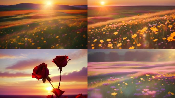 夕阳下的花丛 玫瑰花 美丽柔和 手绘动画