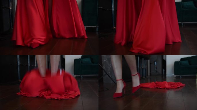 红裙子从走路的女人身上掉下来