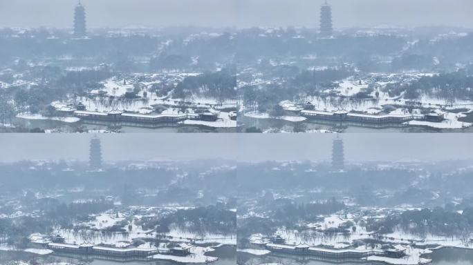 航拍瘦西湖景区园林大明寺观音山宋夹城雪景