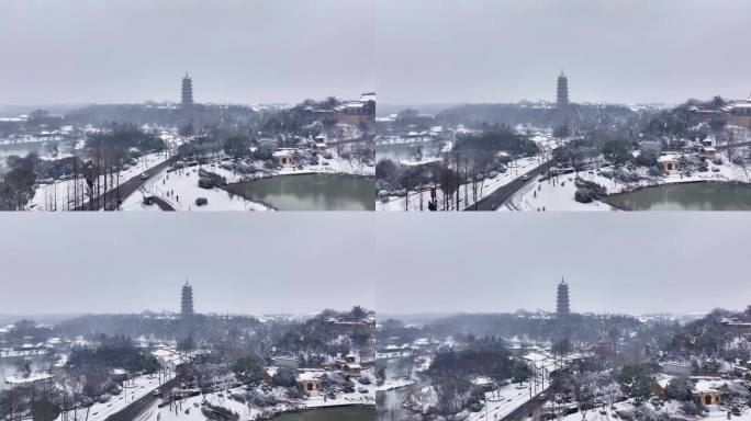 航拍瘦西湖景区园林大明寺观音山宋夹城雪景