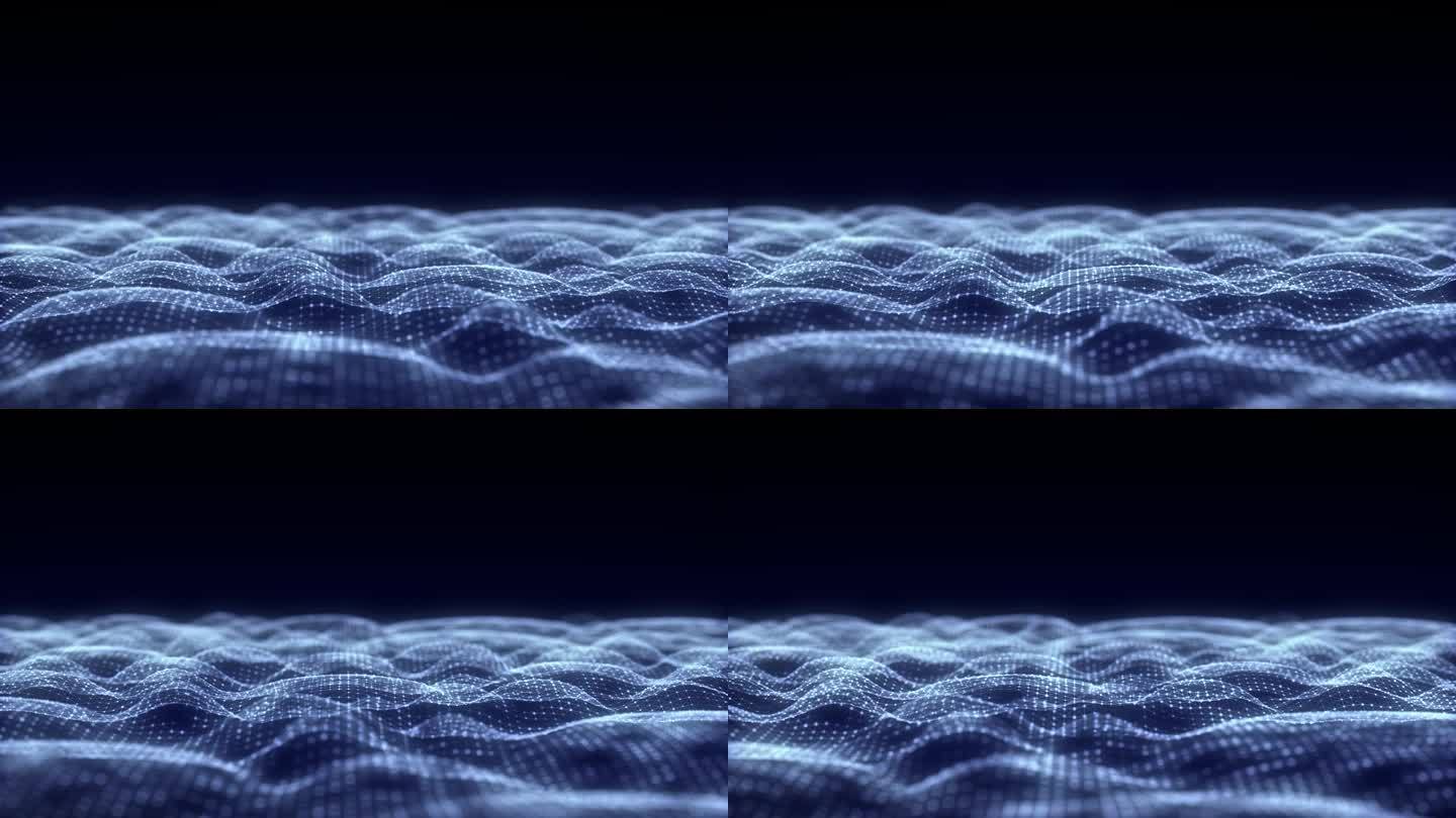 抽象技术蓝色波浪与运动发光点。数字化背景下的黑暗网络空间。连接大数据。未来的线框纹理。动态分析网络连