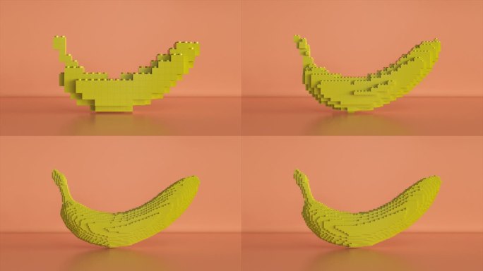 将3D像素转换为数字香蕉。无缝循环的3D动画
