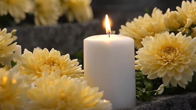 黄色白色菊花祭拜蜡烛