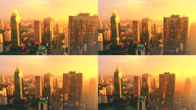 武汉汉口西北湖金融中心城市日落航拍