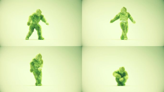 3d毛怪物电影人物绿色羽毛HipHop舞蹈风格在绿色背景4K苹果Prores