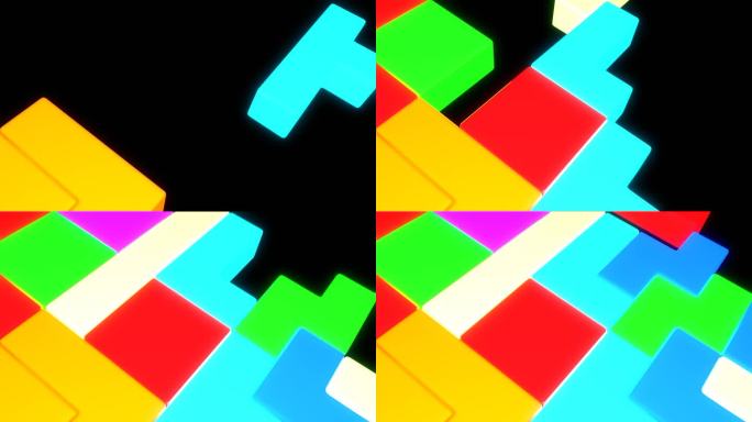 三维立方体被组装成拼图。设计。具有移动几何形状的3D动画。动画背景与俄罗斯方块。