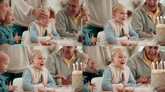 生日蛋糕，闭上眼睛和家人惊喜孩子一起在家里用蜡烛庆祝。聚会，祝愿或社交聚会与人，祖父母和快乐的孩子在
