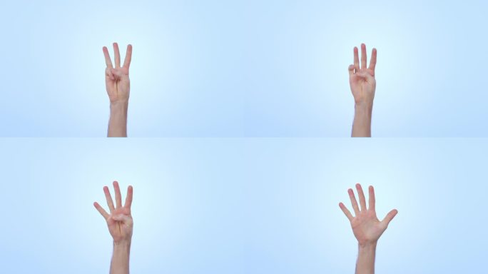 手，计数和人在工作室的模拟空间教育，学习和手语隔离在一个蓝色的背景。手指，手掌特写和数学手势，计算数