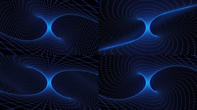循环3d动画，视觉特效蓝色漩涡网格，科幻。抽象循环背景。技术，VJ概念。明亮的Led灯未来隧道。无缝