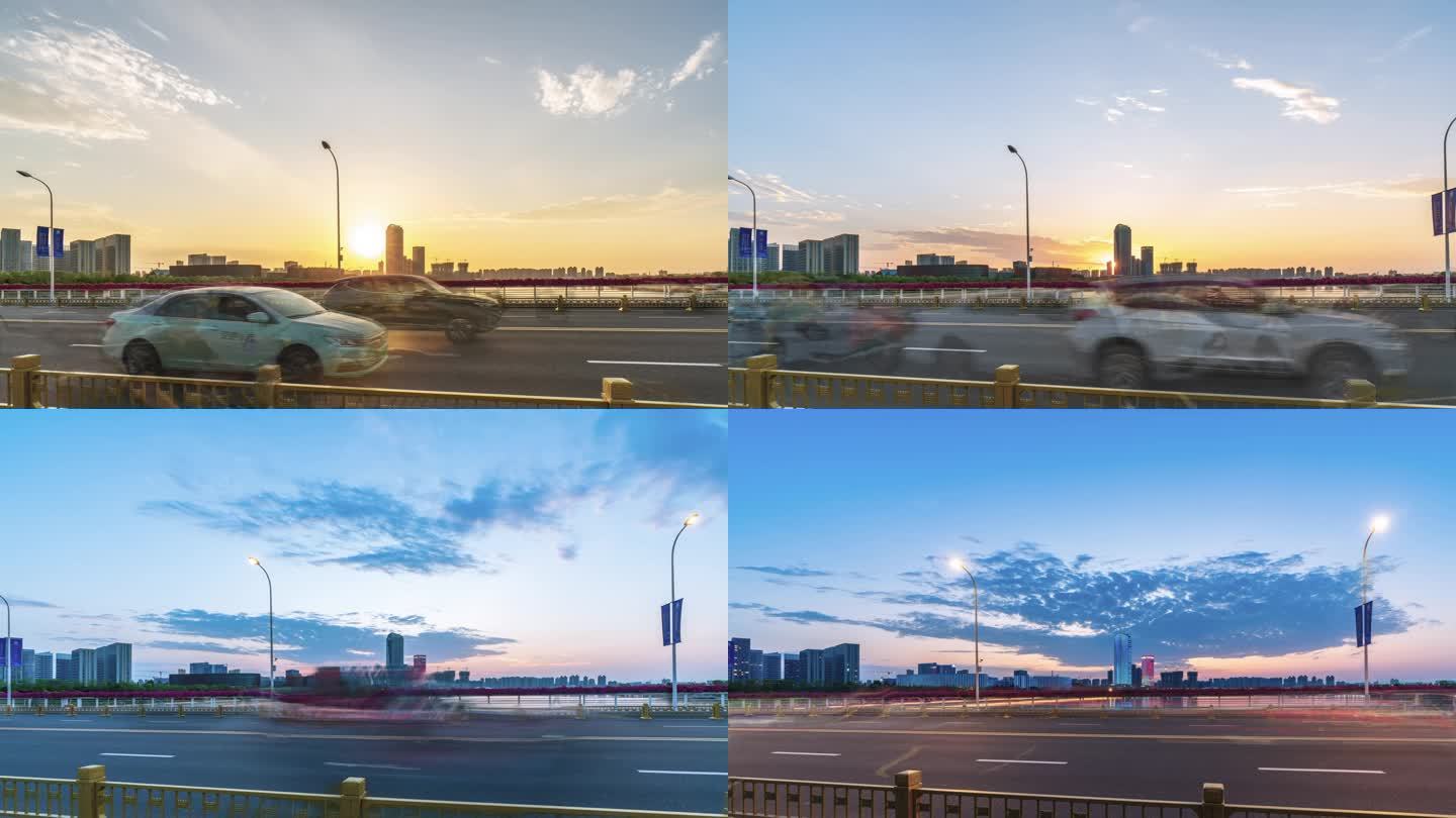 西安浐灞夏季彩虹桥日落大范围延时日转夜