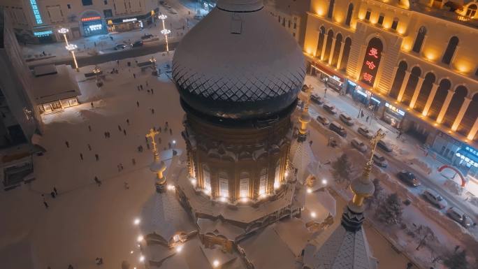 4k航拍冬季雪景哈尔滨索菲亚教堂素材