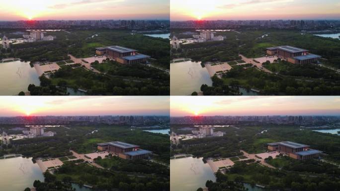 4k航拍夕阳下的南湖革命纪念馆