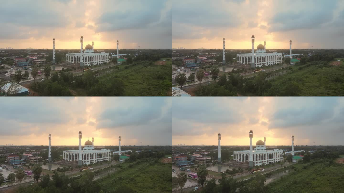 鸟瞰泰国南部宋卡省中央清真寺美丽的日落天空