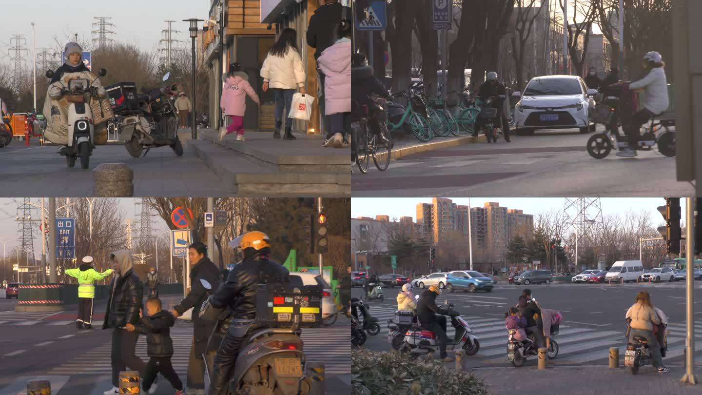 冬天城市人文骑行遛弯送孩子上学行人上班