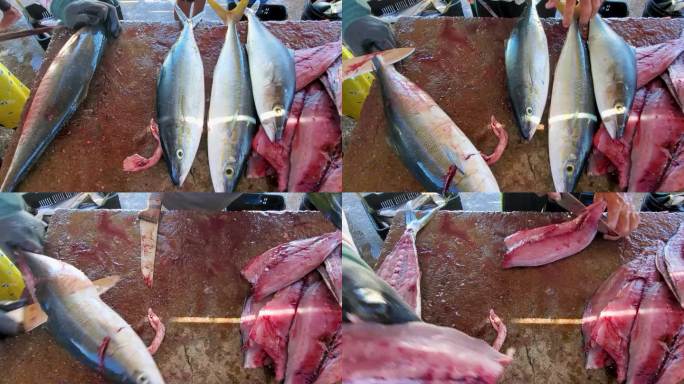 男人的手清洁和切割新鲜的彩虹跑鱼在加勒比鱼市场的桌子上