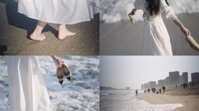 【4k超清】沙滩光脚女孩漫步
