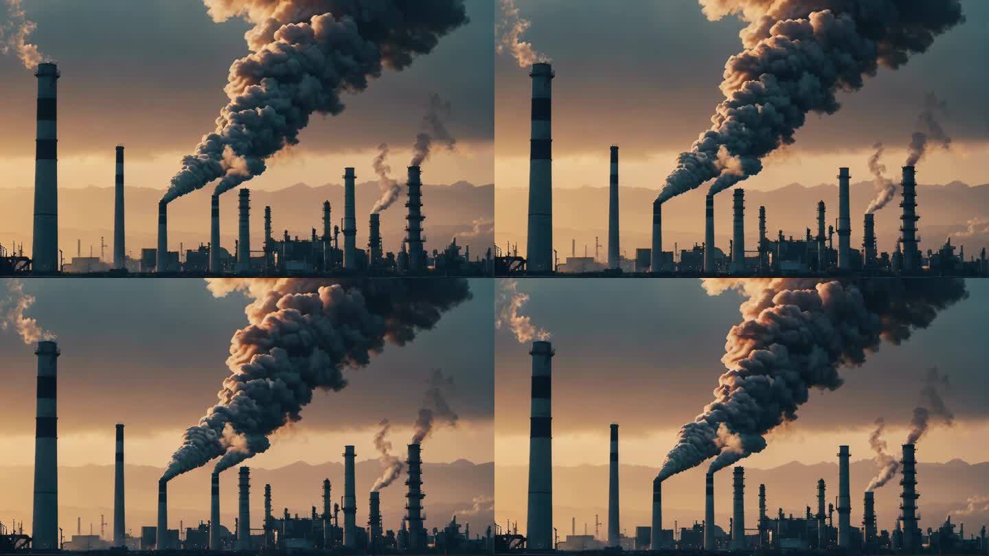 浓烟滚滚化工厂大气污染烟囱排放废气黄昏