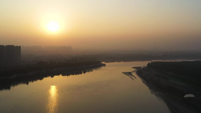 黄河中游落日航拍夕阳照河面黄河落日圆