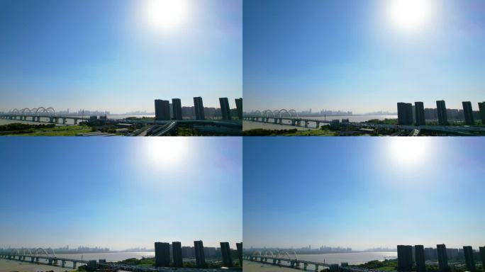 远处眺望钱塘江九堡大桥航拍