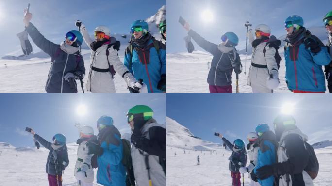 在一个阳光明媚的冬日，一家人在阿尔卑斯山的冰川滑雪胜地一起滑雪