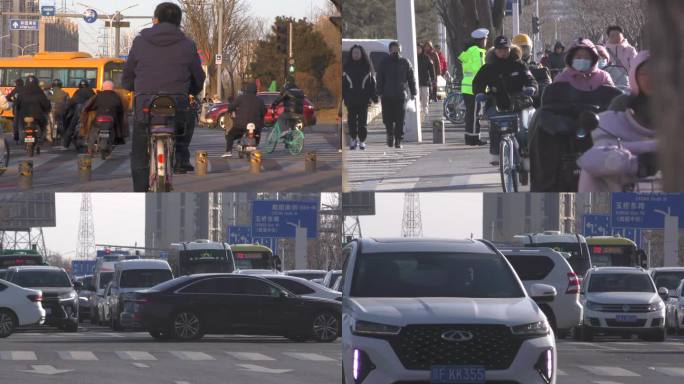 城市冬天车流街道骑行上班人文打拼清晨回家