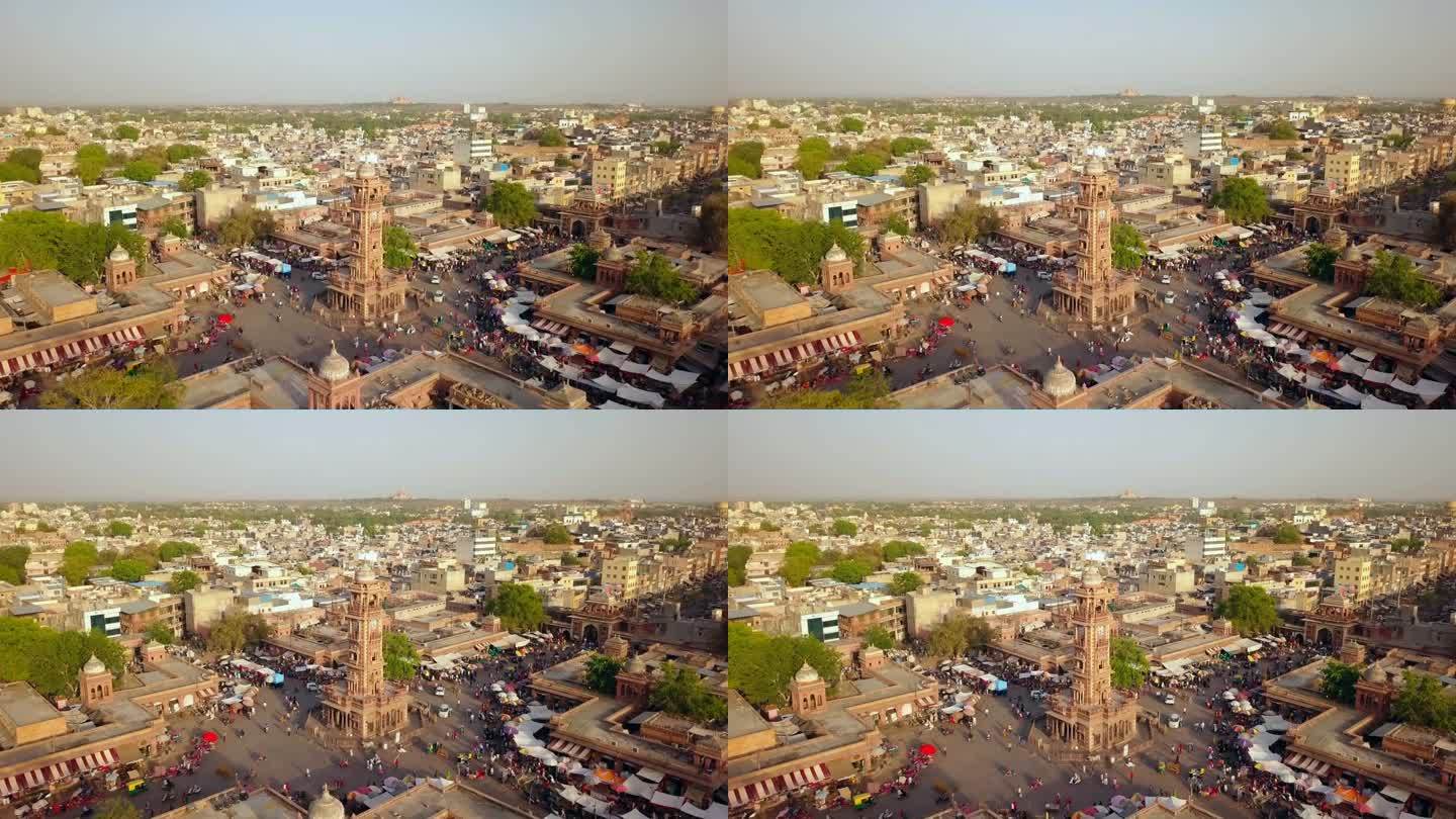 无人机拍摄的焦特布尔钟楼和繁忙的街道，印度